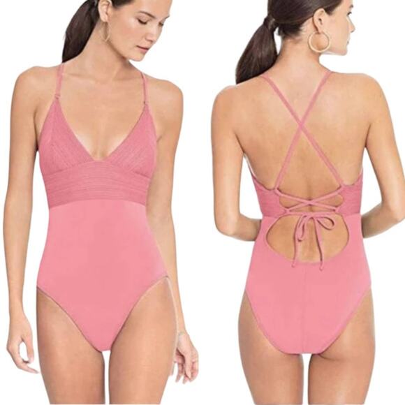Robin Piccone Other - ROBIN PICCONE pink lace up back v neck one piece swimsuit women's size 14
